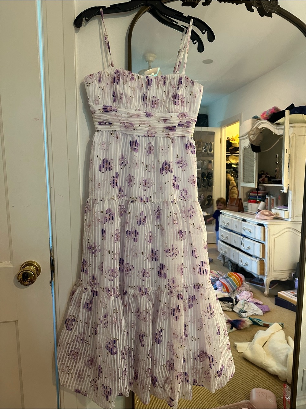 cinq a sept White Midi Dress with Lavender Floral Print